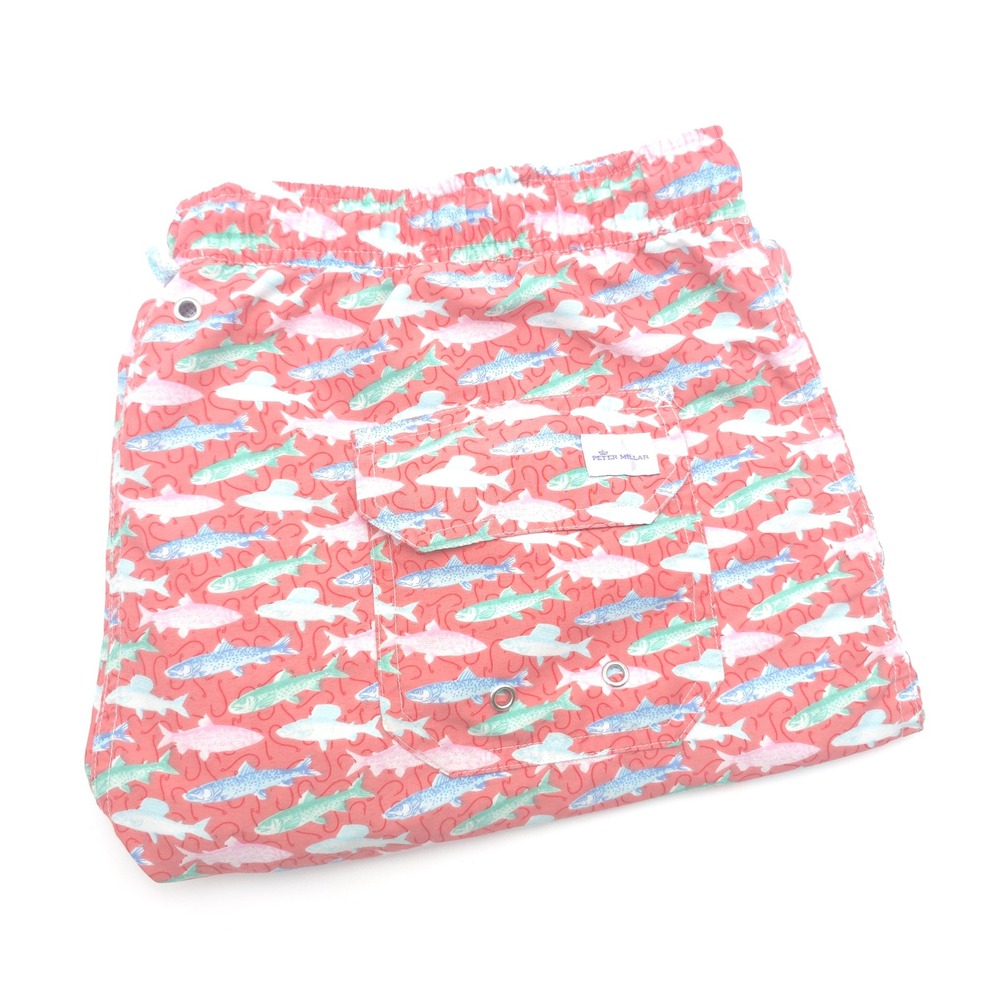 Peter Millar Seaside Collection Mens Fish Hook Swim Trunks Pink Blue Large